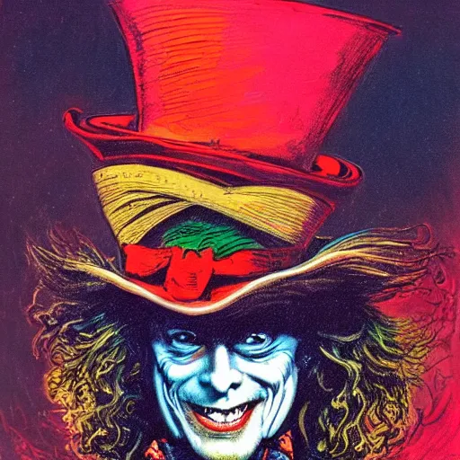 Image similar to a portrait of the mad hatter in wonderland, by basil gogos and phillipe druillet and paul lehr, trending on artstation hq, deviantart, pinterest, 4 k uhd image