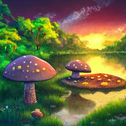 Image similar to a beautiful lake with cute little mushrooms growing around it, fantasy art, 2 d, sunshine, warm colors, relaxing, calm, cozy, peaceful, by studio ghibli