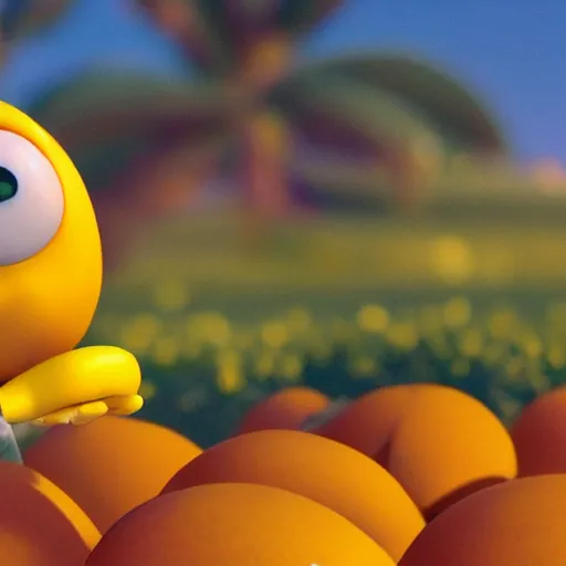 Image similar to a cinematic film still from a 2010 Pixar movie about anthropomorphic lemons, in the style of Pixar, shallow depth of focus