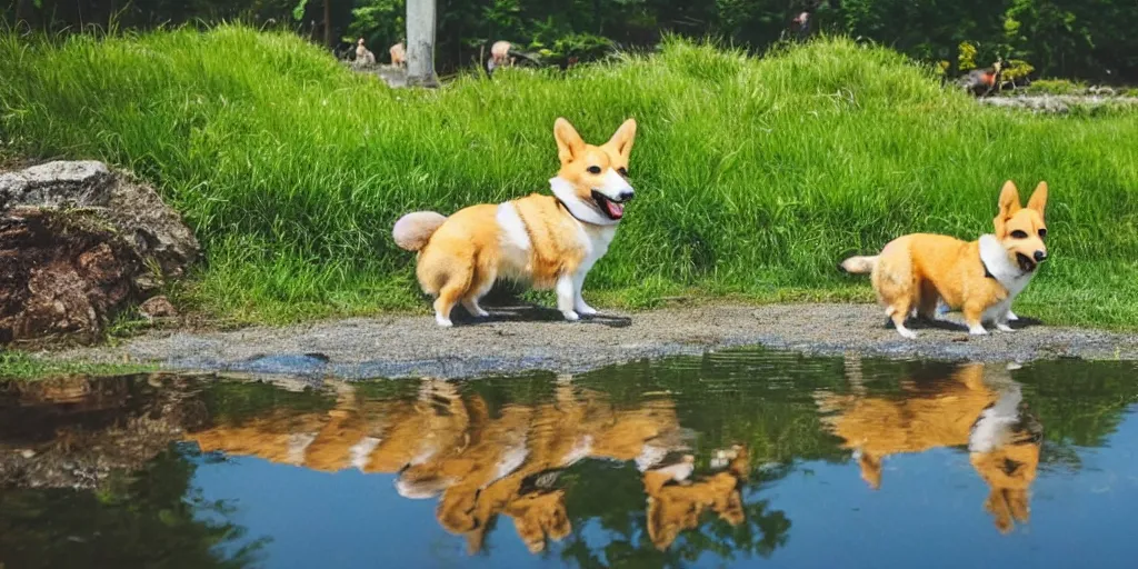 Image similar to A singular corgi by the pond, there is blue sky, there is water splash, the atmosphere is cheerful, the colors are bright, high picture quality, by Makoto Shinkai