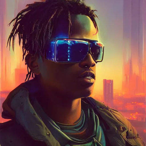 Prompt: cyberpunk, closeup portrait of a juice wrld, dramatic light, city background, sunset, dystopian setting, high contrast, sharp, neuromancer, henry dorsett case, painted by stanley lau, painted by greg rutkowski, painted by stanley artgerm, digital art, trending on artstation