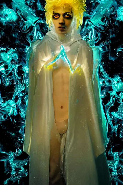 Image similar to photo of fullbody rococo and cyberpunk delicate neon crystalline sculpture of seductive muscular onyx albino marble prince joe jonas teal iridescent humanoid deity wearing yellow plastic hooded cloak holding an onyx skull in a onyx space dungeon, reclining, glowing yellow face, crown of white diamonds, cinematic lighting, photorealistic, octane render 8 k depth of field 3 d