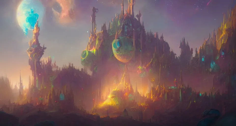 Image similar to space castle by peter mohrbacher, vivid colors, matte painting, 8K, concept art, mystical color scheme, trending on artstation