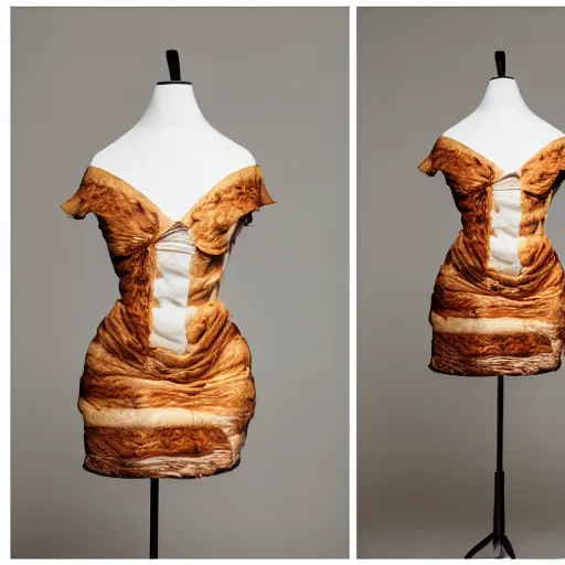 Image similar to a beautiful dress made out of a croissant, on a mannequin. high quality, high resolution, studio lighting