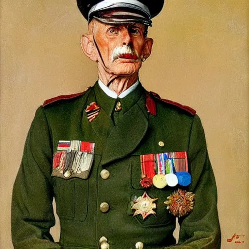 Image similar to a portrait painting of Field Marshal Bernard Law Montgomery. Painted by Norman Rockwell