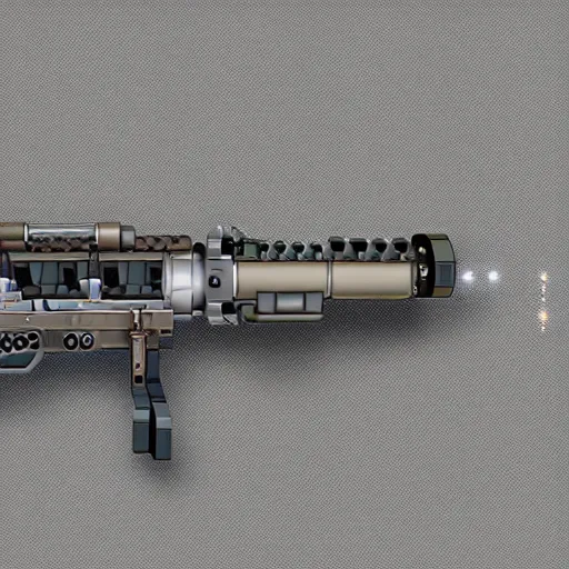 Image similar to extremely detailed side view of a sci fi rifle, chemically propelled, railgun, bullpup, with tubes and wiring, ultra quality, realistic, octane render