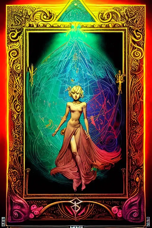 Prompt: Elsa, full of color on black paper, symmetrical, forsaken spirits, golden ratio, elements, gold, neon, baroque, rococco, tarot card with ornate border frame, marc simonetti, paul pope, peter Mohrbacher, detailed, occult symbols, satanic ink illustration, by Charles Wess, Jeffrey Jones dynamic lighting