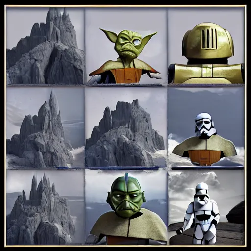 Image similar to inspired by ralph mcquarrie, maz castle, mountains, yoda, c 3 po, stormtroopers, darth vader, the falcon, cinematic, cinematic