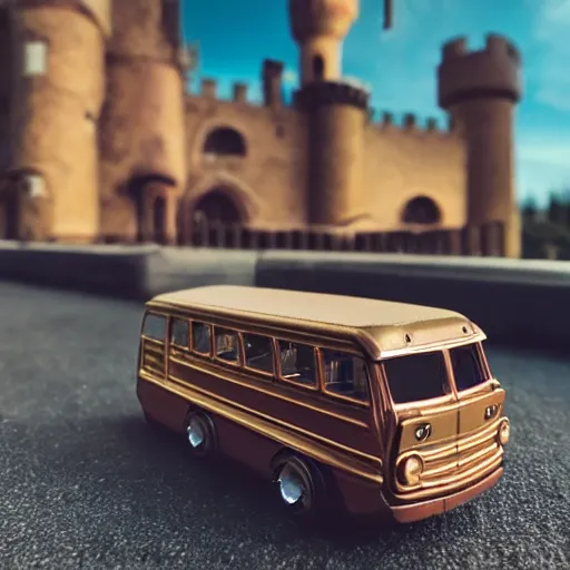 Image similar to 3 5 mm photo of metallic bronze and wood medieval bus like hot wheels model with a castle as background, epic cinematic, epic lighting