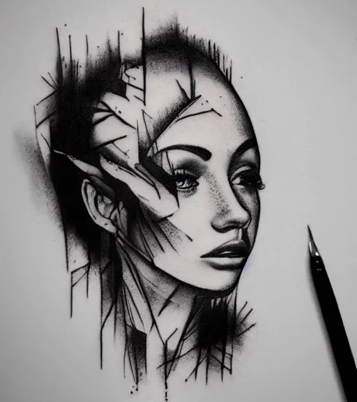Prompt: tattoo design sketch of a beautiful woman face with a mountain scenery on her side, hyper - realistic, double exposure, in the style of matteo pasqualin, amazing detail, black and white, faded
