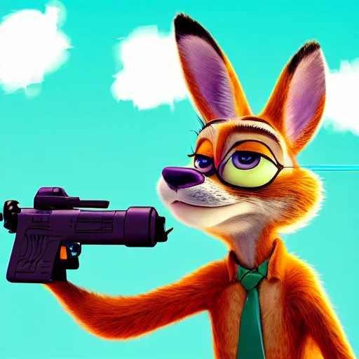 Image similar to “portrait of a cartoon animal, zootopia movie style, pointing a laser gun at the camera, digital art, 4k, award winning”