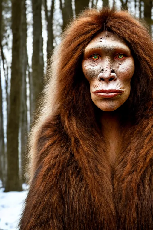 Prompt: a professional portrait photo of a neanderthal woman in the forest in winter, mud on face, black stripe across her eyes, ginger hair and fur, extremely high fidelity, natural lighting, still from the movie quest for fire