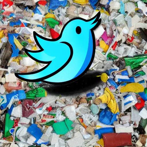 Image similar to a pile of trash in the form of the twitter logo, digital painting, hyperrealist,