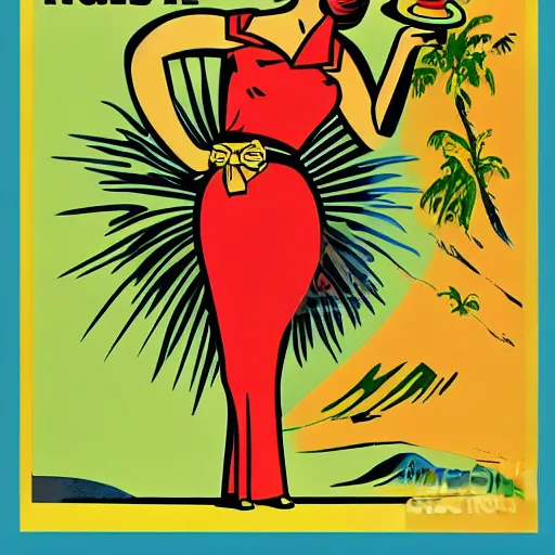 Image similar to hula girl. 1 9 5 0 s advertising illustration by gil evgren, flat color, halftone print.