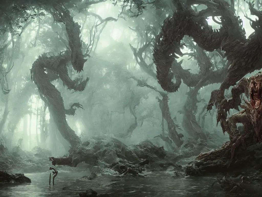 Image similar to scary monster with many limbs with elemental magic hunting in foggy river. vaporwave, unreal engine 5, art by artgerm and greg rutkowski and alphonse mucha, global illumination, detailed and intricate environment. hyperrealistic, volumetric lighting. epic cinematic shot, perfectly defined features, ambient occlusion