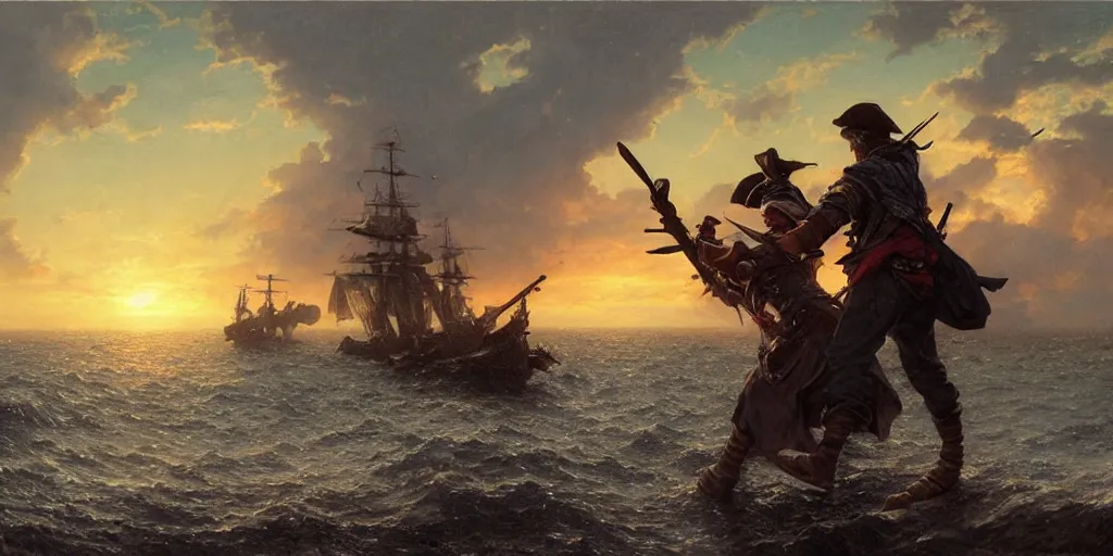 Image similar to two pirates facing each other in death duel, axes, gun, smoldering barrel, gunpowder smoke, dramatic, bloody scene, sunset background, ship on the horizon!, portrait 4 / 3, high detail, greg rutkowski, james gurney, gene wolfe, gustave dore, jesper ejsing, rhads, makoto shinkai, ilya kuvshinov