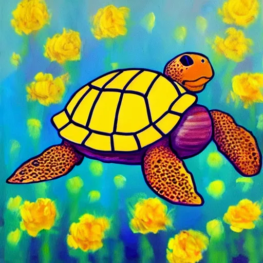 Image similar to painting of a happy turtle swimming in a sea of flowers