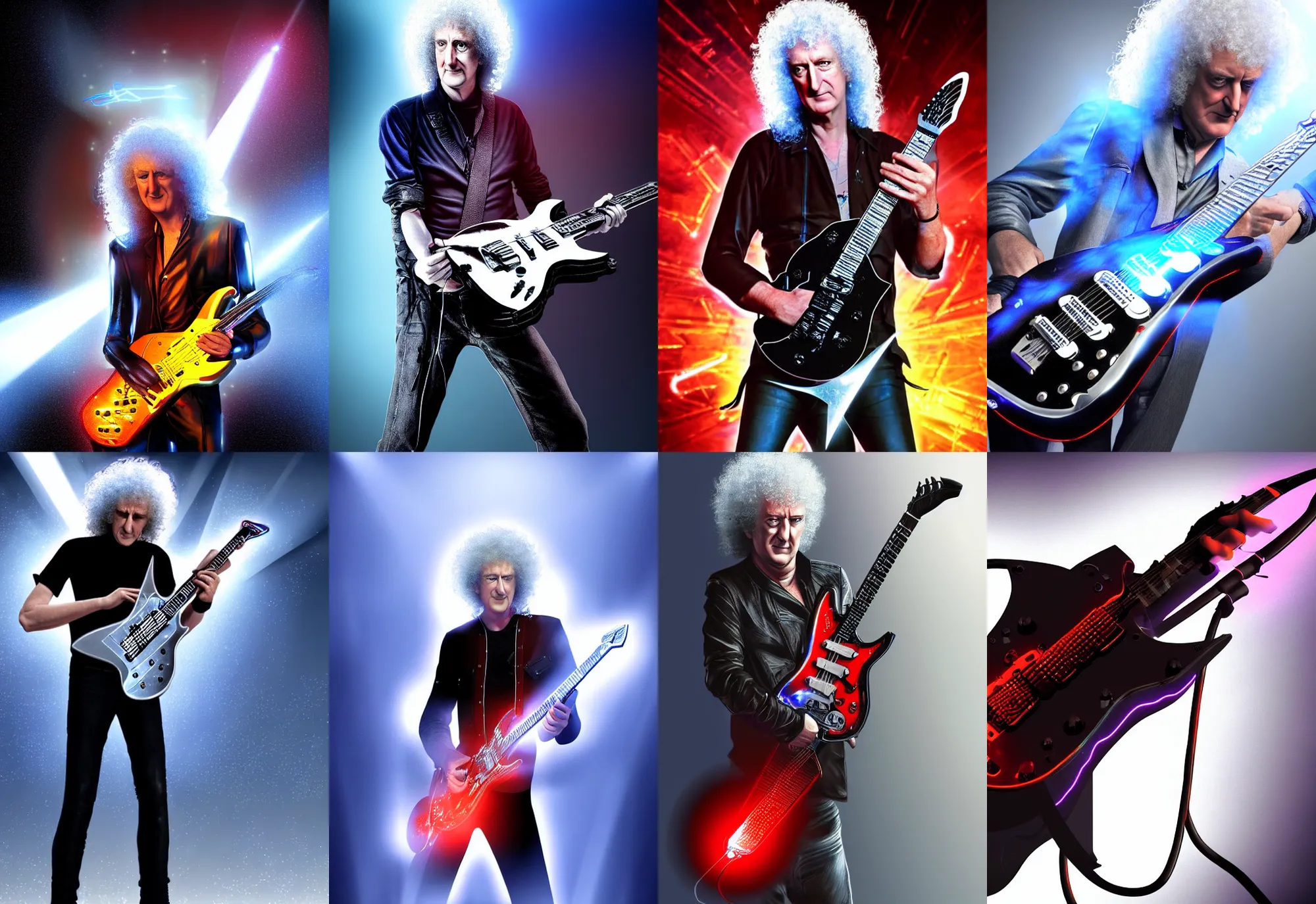 Prompt: a cybernetic ( ( ( brian may ) ) ) holding an electric guitar, leds, chrome, science fiction, concept art, atmospheric, volumetric light, very realistic, highly detailed digital art