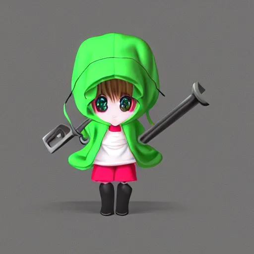 Image similar to cute fumo plush of a girl in a green hoodie with a giant wrench, vray