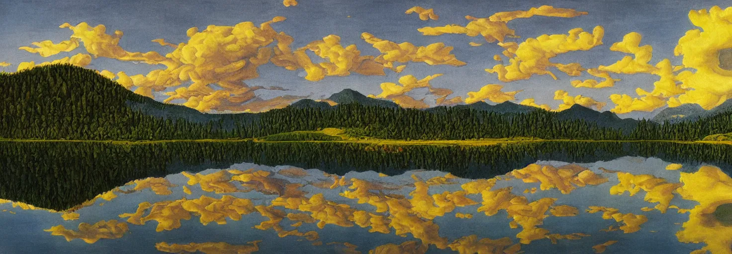 Prompt: escher painting of a lake, big trees reflecting on lake surface, mountains at background, fluffy clouds, sunset, yellow, green, red, snowy, ultra sharp, ultra detailed, horror emotion, colorized by salvador