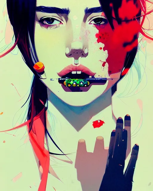 Image similar to a ultradetailed beautiful panting of a stylish woman with pills in her mouth, by conrad roset, greg rutkowski and makoto shinkai, trending on artstation