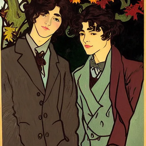 Image similar to painting of young cute handsome beautiful dark medium wavy hair man in his 2 0 s named shadow taehyung and cute handsome beautiful min - jun together at the halloween! party, bubbling cauldron!, candles!, smoke, autumn! colors, elegant, wearing suits!, delicate facial features, art by alphonse mucha, vincent van gogh, egon schiele