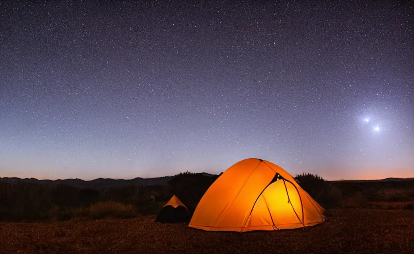 Image similar to night photography of the night sky with stars with a tent and fireplace in foreground