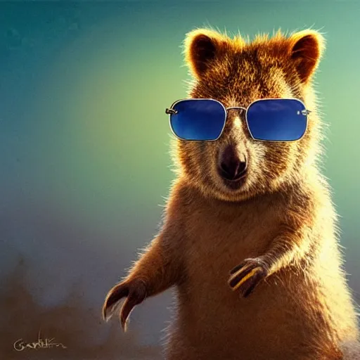 Prompt: a quokka wearing shiny sunglasses and a hat by greg rutkowski, blue and purle lighting, digital art, ultra realistic, ultra detailed, photorealistic, 4k, character concept