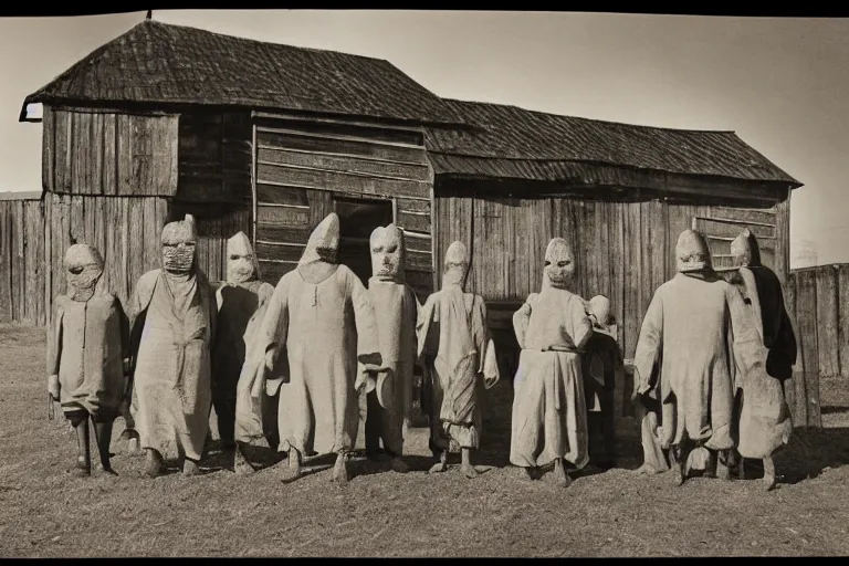 Image similar to vintage photo of villagers wearing weird masks outside a barn by hilla becher, eerie, bizarre, highly detailed shot, dramatic 8 k uhd