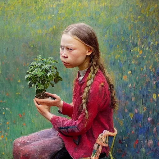 Prompt: Devastated Greta Thunberg holding a plant and crying, impressionism, barren earth, vivid attention to detail, by Greg Rutkowksi and Ilya Repin