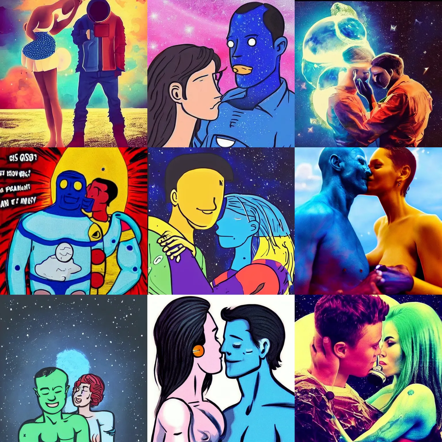 Prompt: this is the kind of relationship i want. not one based on money, or looks, but instead between myself and a guy, filled with space juice. not like a guy with blue skin but the guy has clear skin, and the space juice is inside the skin.