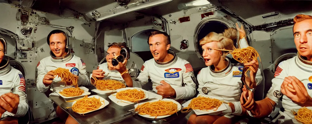 Image similar to 1 9 6 0's astronauts eating spaghetti on their way to the moon, ultra - realistic faces, fine detail, anon 5 0 mm, in the style of diane arbus, in the style of wes anderson, kodachrome, retro