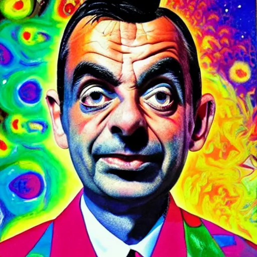 Prompt: psychedelic painting of mr bean floating in space