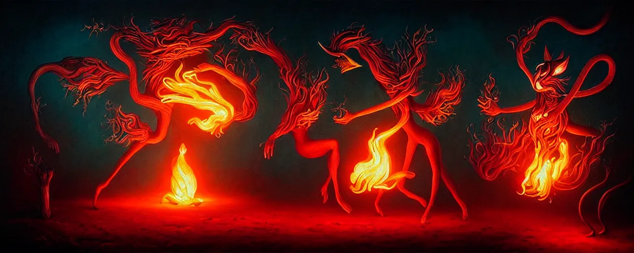 Image similar to whimsical fiery alchemical creatures, surreal dark uncanny painting by ronny khalil