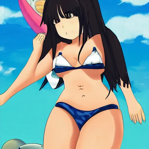 Image similar to a woman in a bikini top and skirt standing next to a whale, a character portrait by Jin Homura, featured on pixiv, mingei, booru, official art, pixiv