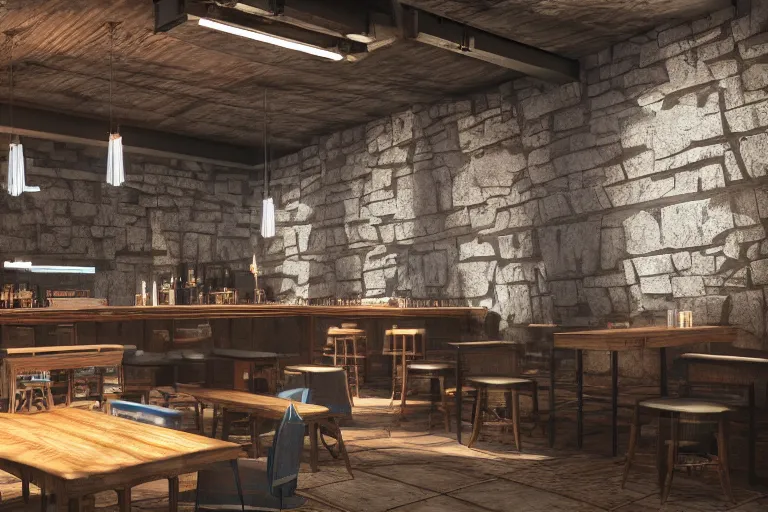 Prompt: ultra mega super hyper realistic Digital concept interior design of cyberpunk tavern with stone walls and neon lights. Natural white sunlight from the transperient roof. Rendered in VRAY and DaVinci Resolve and MAXWELL and LUMION 3D, Volumetric natural light