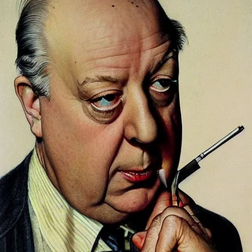 Prompt: Alfred Hitchcock painted by Norman Rockwell