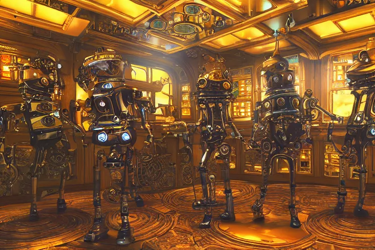 Prompt: 3 steampunk robot dancing inside a luxury futuristic nightliner, a table with many bottles of beer and wiskey, exaggerated detailed, unreal engine, subtle multicolored light, 3 5 mm lens