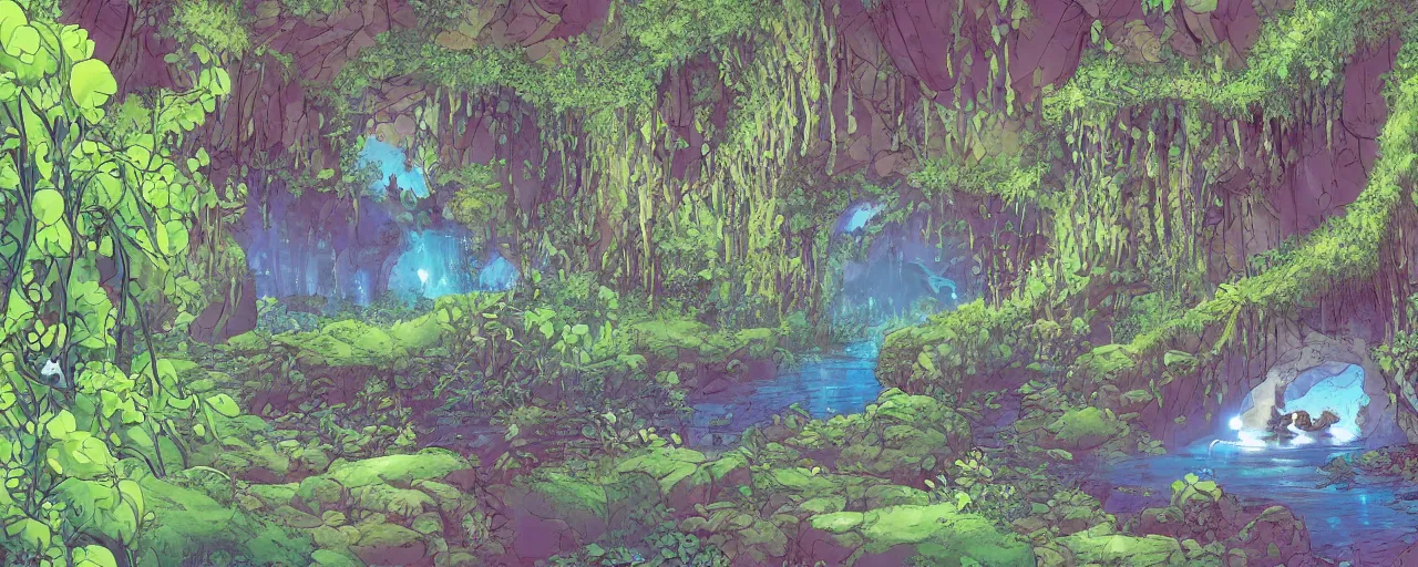 Image similar to large interior cavern of a cave, grand gallery, shimmering blue stream, walls covered with colourful flowers vines and mosses, some strange luminescent rocks poke through the foliage, depth of background, comic book,