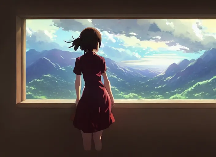 Image similar to a girl standing in a dress looking out a window at mountains, large storm clouds on the horizon, landscape, by makoto shinkai an krenz cushart