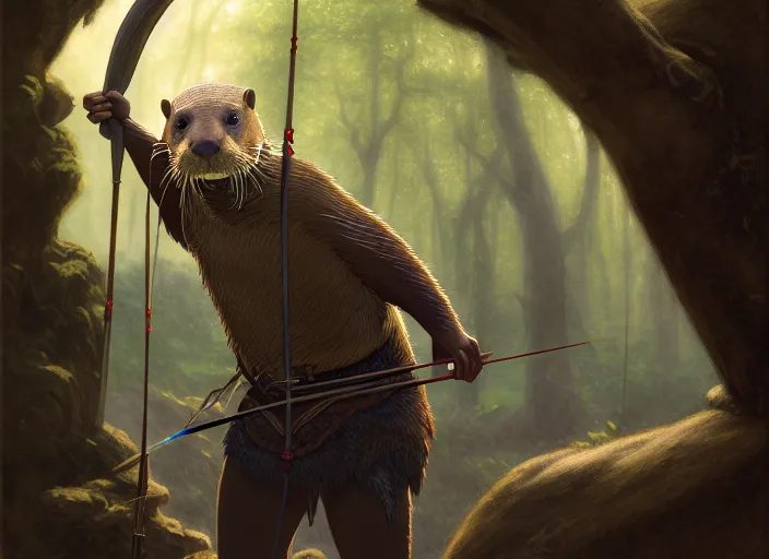 Image similar to a film still portrait of an otter elven archer, finely detailed features, cinematic lighting, perfect art, redwall woodland, forest, intricate, anime, gapmoe grimdark, artstation, trending on pixiv fanbox, painted by brian jacques greg rutkowski, studio ghibli, 4 k