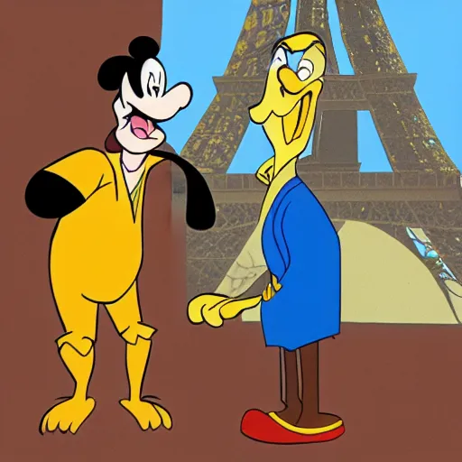 Image similar to disney's quasimodo standing on a set in paris talking to a director. 1 9 9 5 tv capture. disney cartoon style.