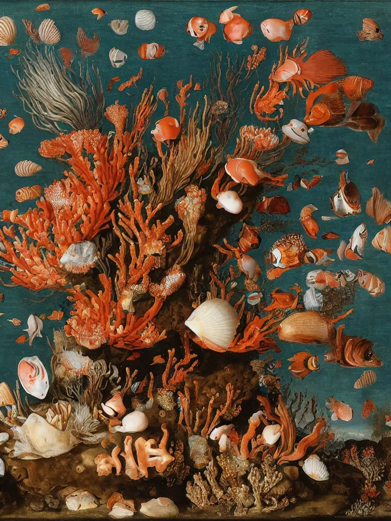 Image similar to Wan-li Vase of Coral under the sea, with shells and fish, Ambrosius Bosschaert the Elder, oil on canvas