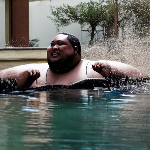 Image similar to fat black person in an empty pool, water splashed everywhere