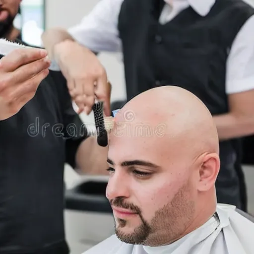 Prompt: a modern barbershop parlor with bald men getting haircuts by bald barbers, stock image, 8 k resolution, realistic, hd quality