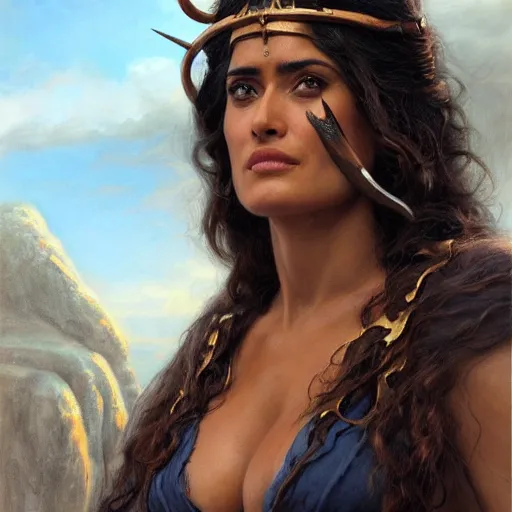 Image similar to a portrait of Salma Hayek as a barbarian, detailed, centered, digital painting, artstation, concept art, donato giancola, Joseph Christian Leyendecker, WLOP, Boris Vallejo, Breathtaking, 8k resolution, extremely detailed, beautiful, establishing shot, artistic, hyperrealistic, beautiful face, octane render