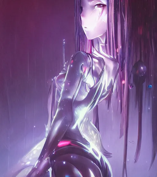 Image similar to stephan martiniere painting of an anime woman, direct flash photography at night, film grain