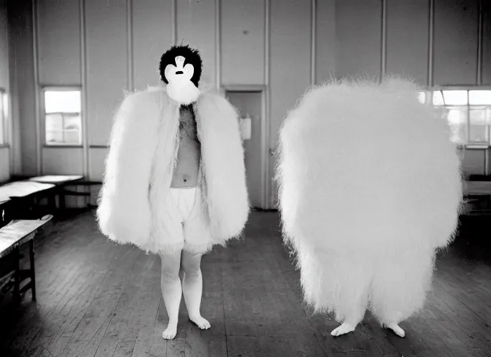 Image similar to realistic photo portrait of the person, white carnival fluffy mask no eyes no mouth, wearing hairy fluffy cotton shorts, dancing in the spacious wooden polished and fancy expensive wooden laboratory hall interior 1 9 9 0, life magazine reportage photo