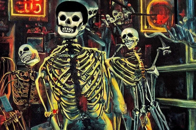 Prompt: scene from scarface, day of the dead, cyber skeleton, neon painting by otto dix