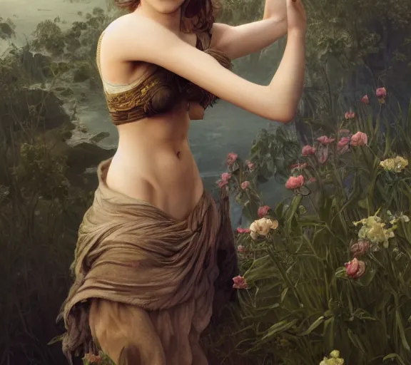 Image similar to photography of emma watson with hands - up and hairy armpits, deep focus, intricate, elegant, highly detailed, digital painting, artstation, concept art, matte, sharp focus, illustration, art by artgerm and greg rutkowski and alphonse mucha and gil elvgren